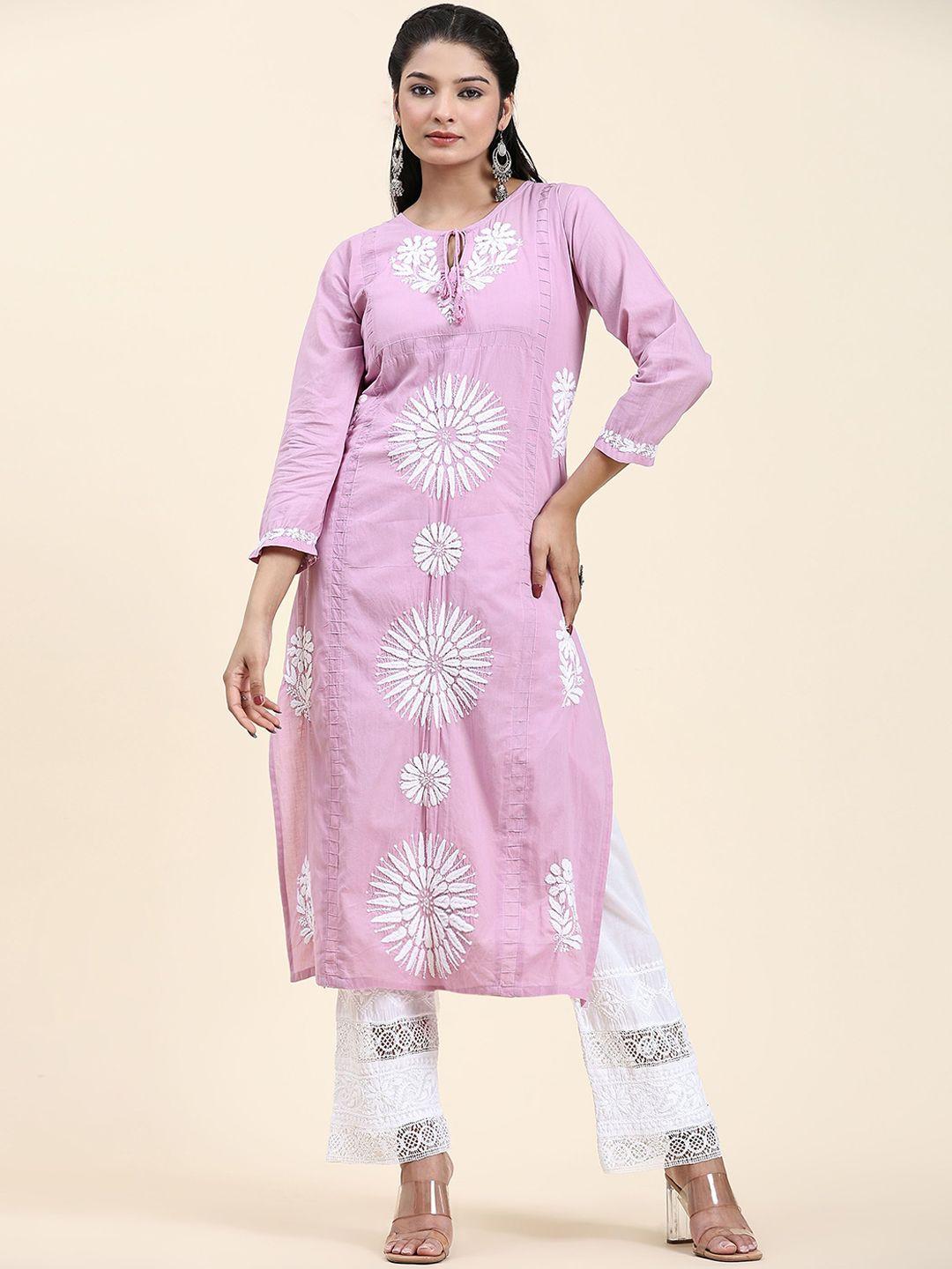 house of kari floral embroidered keyhole neck straight pure cotton kurta