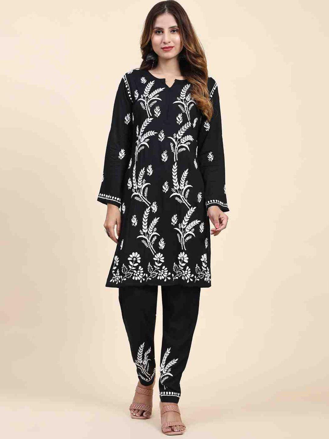 house of kari floral embroidered pure cotton kurta with pyjamas