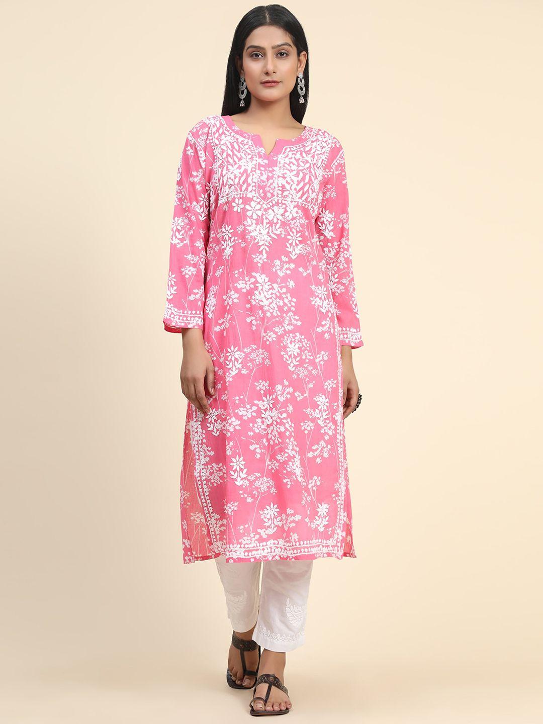 house of kari floral embroidered round notched neck cotton kurta