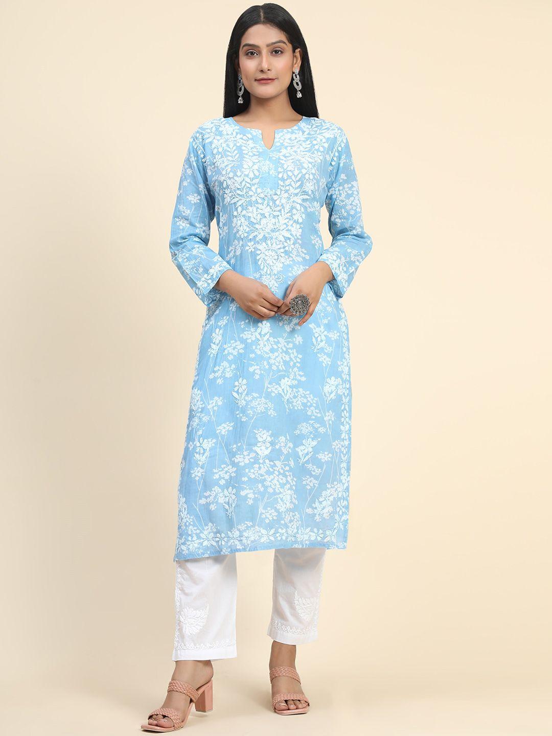 house of kari floral embroidered round notched neck cotton kurta