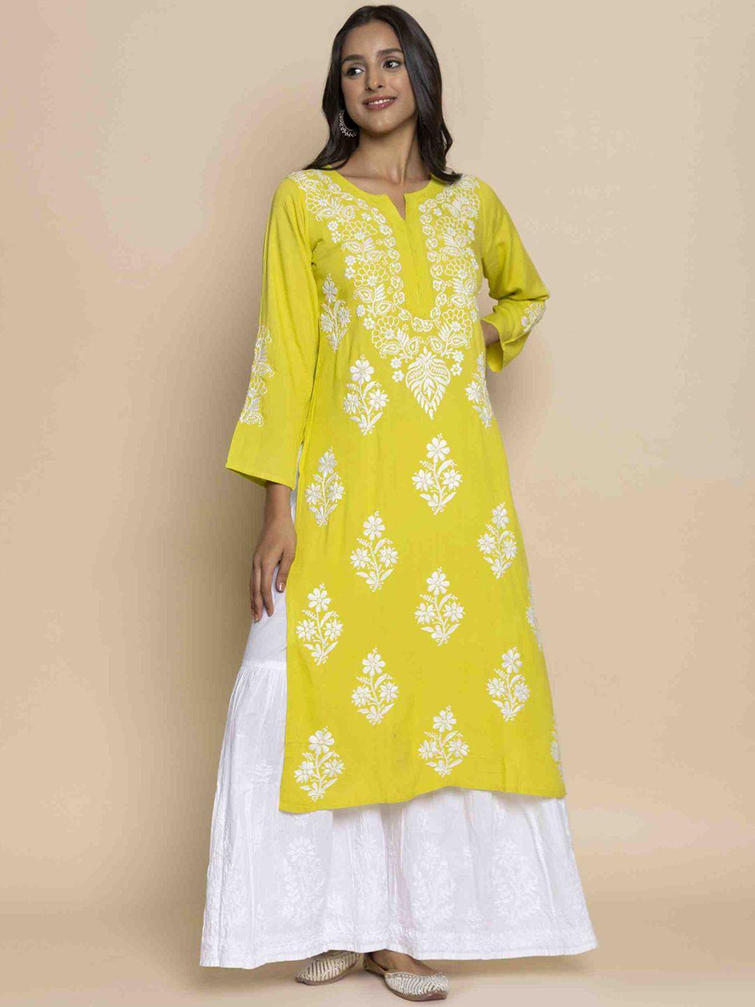 house of kari floral embroidered round notched neck kurta
