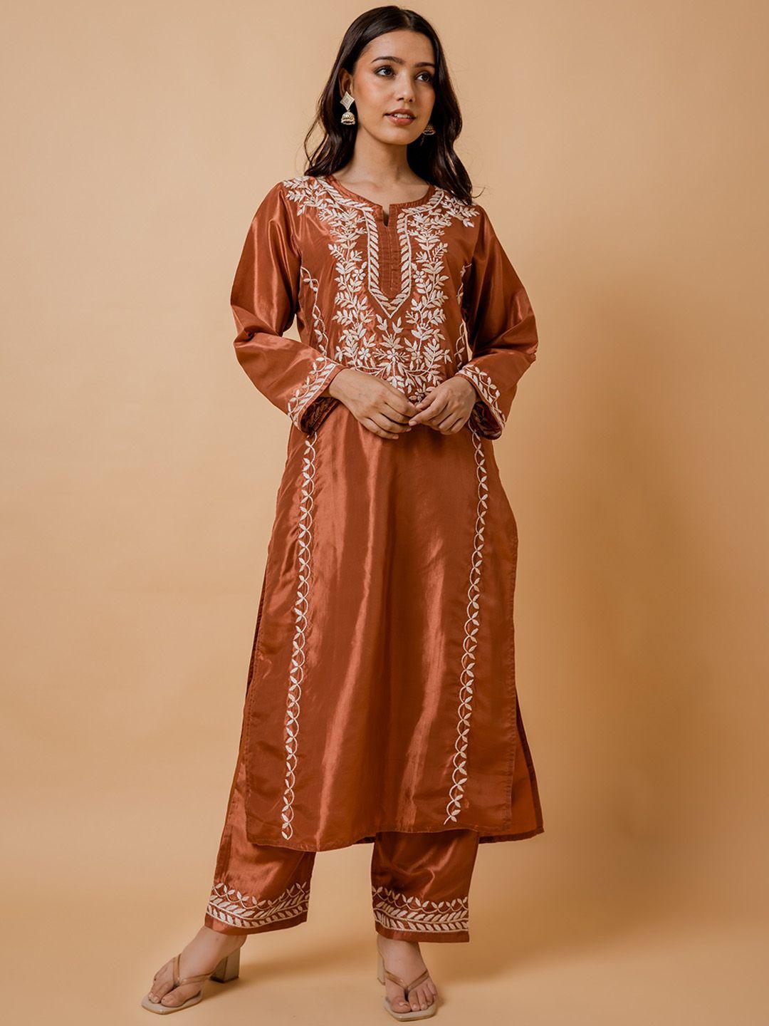 house of kari floral embroidered silk chikankari kurta