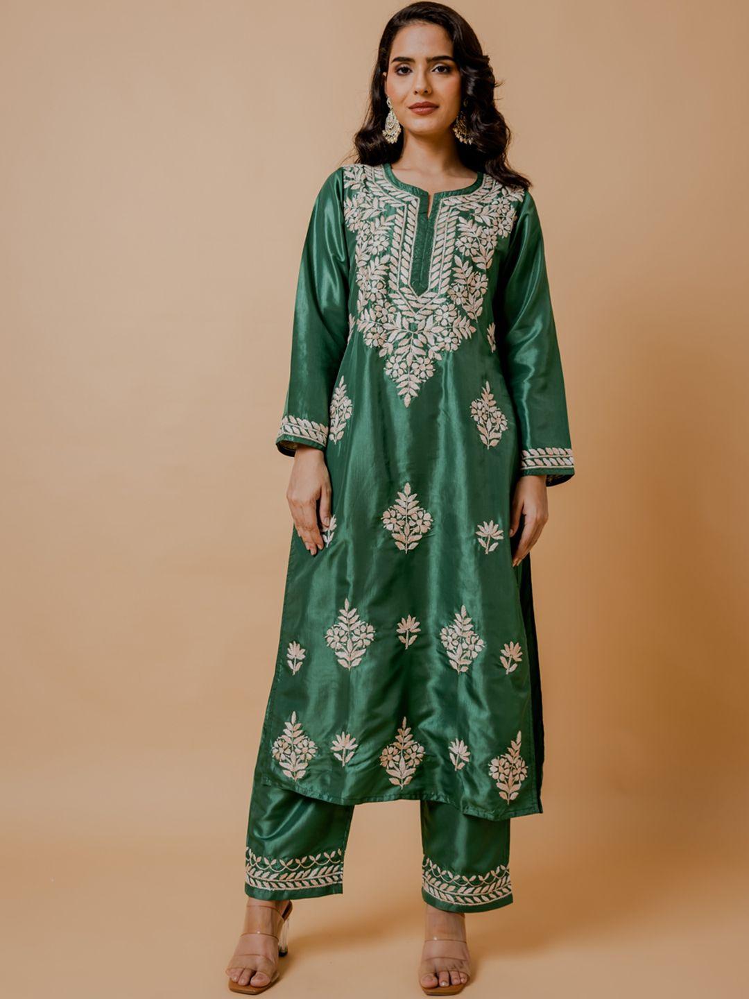 house of kari floral embroidered silk chikankari kurta