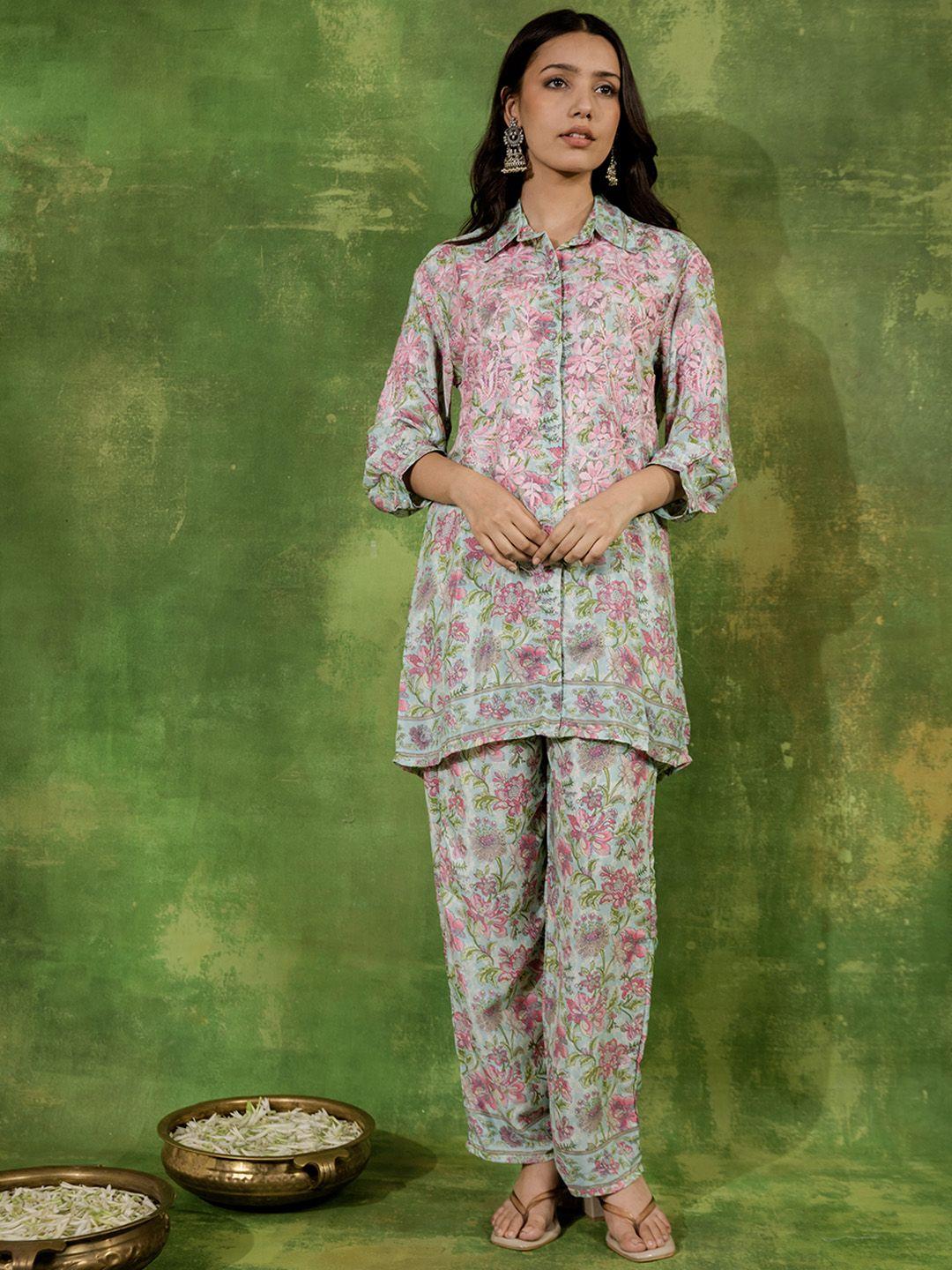 house of kari floral printed pure silk kurta with trousers