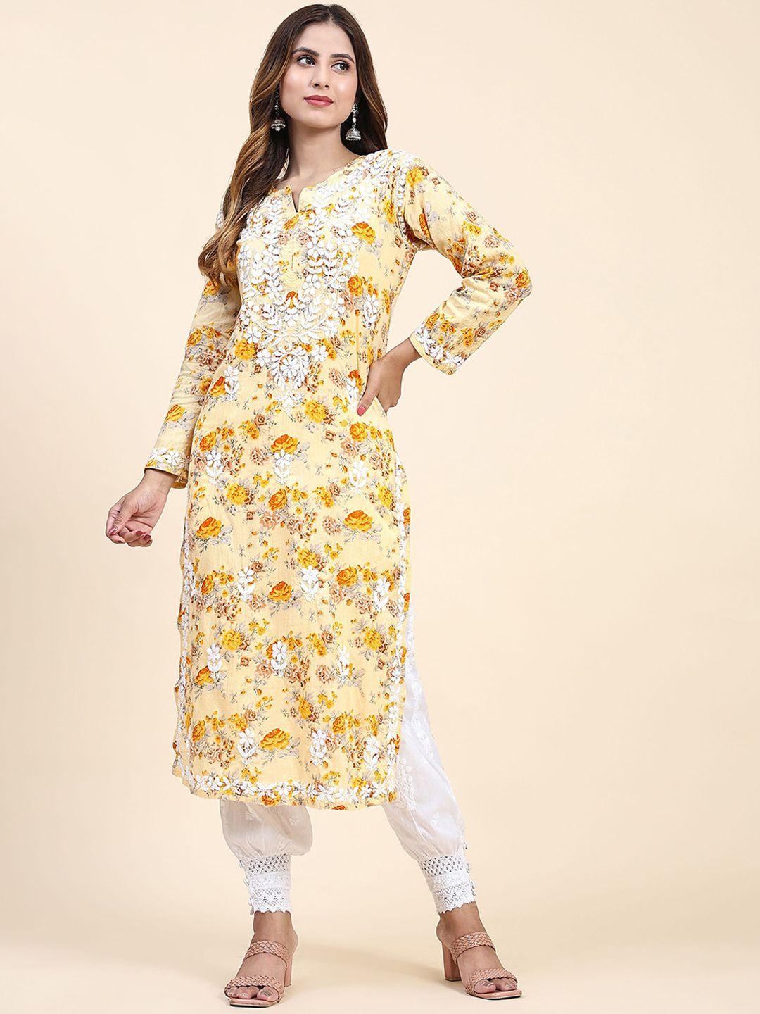 house of kari floral printed straight kurta with lace inserted