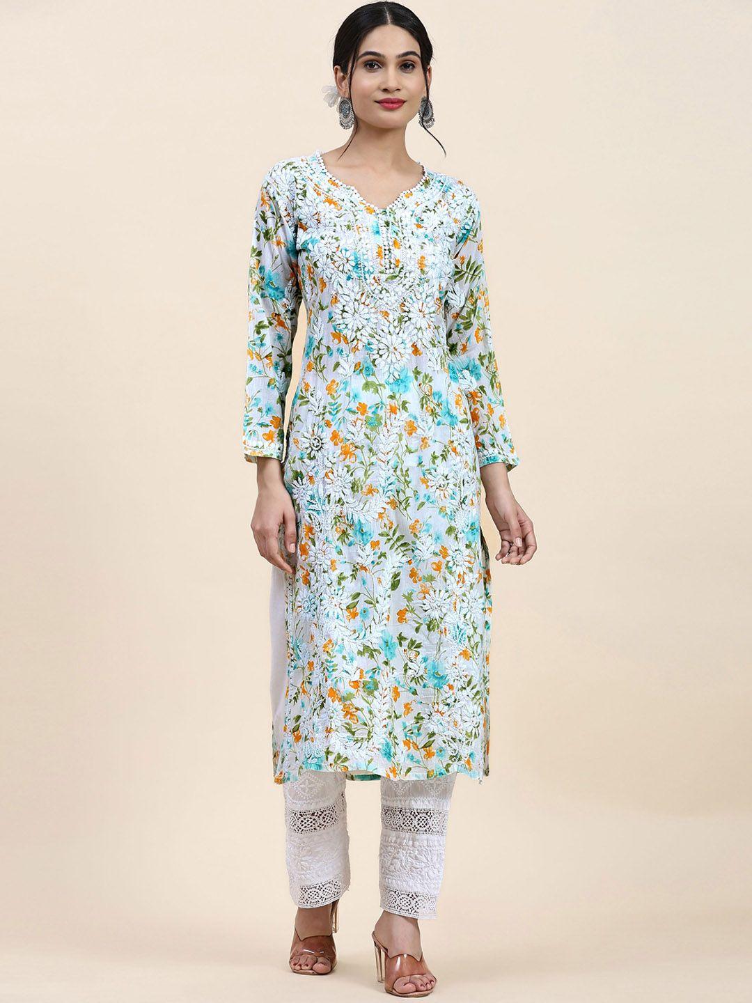 house of kari floral printed thread work pure cotton kurta