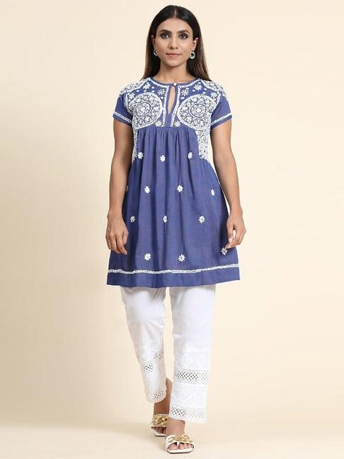 house of kari hok chikankari tunic for women - blue