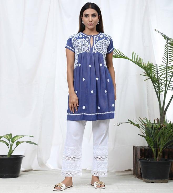 house of kari hok chikankari tunic for women - blue