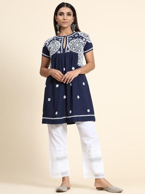 house of kari hok chikankari tunic for women navy blue