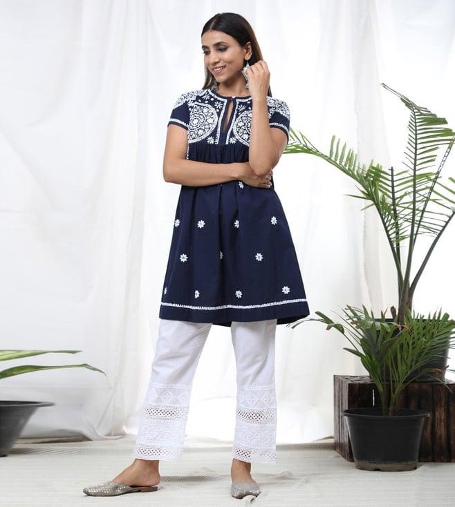 house of kari hok chikankari tunic for women navy blue