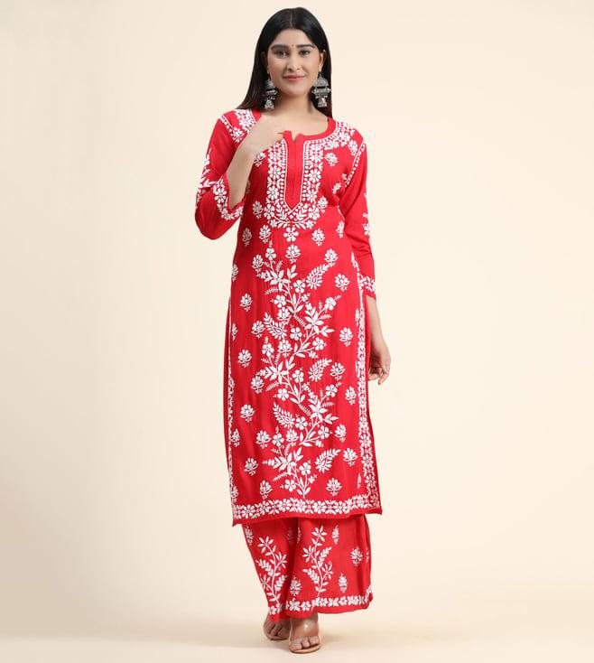 house of kari hok chikankari women co-ord set red