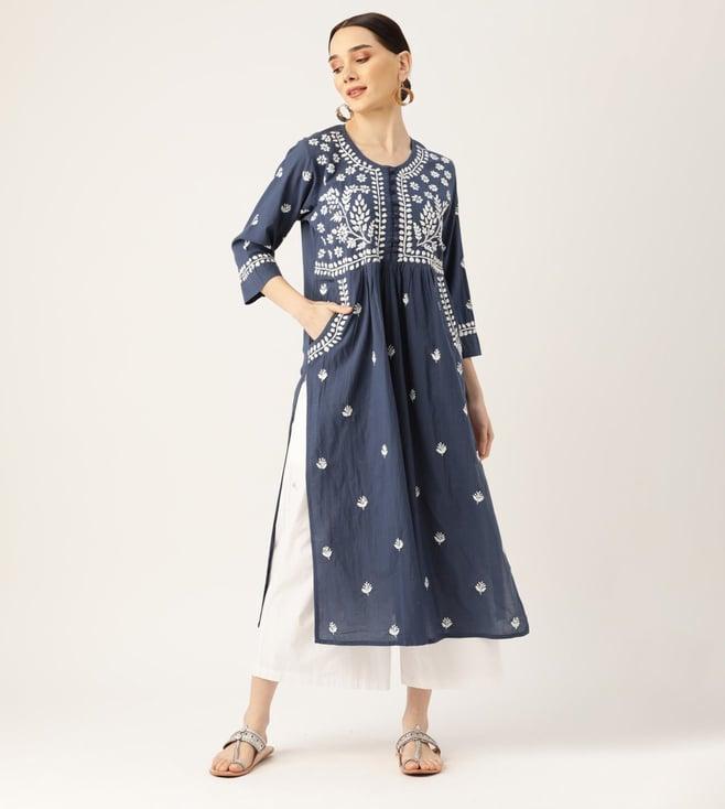 house of kari hok chikankari women long kurti blue