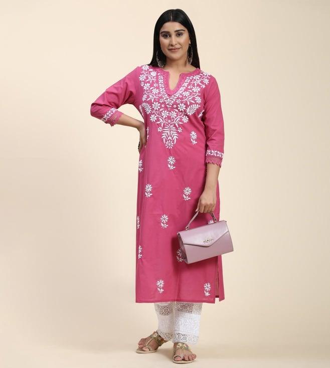 house of kari hok chikankari women long kurti dark pink