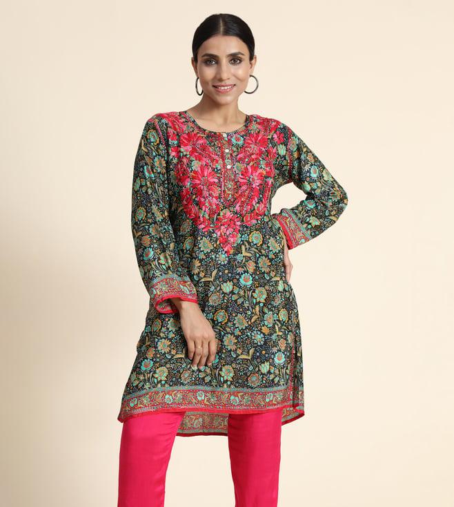 house of kari hok chinakari tunic dark green & pink