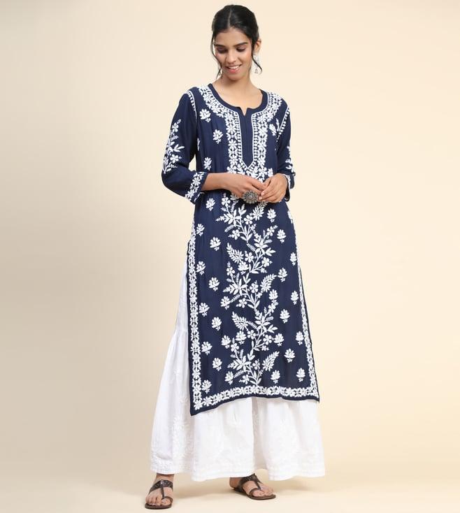 house of kari hok hand embroidery chikankari long kurti for women - blue