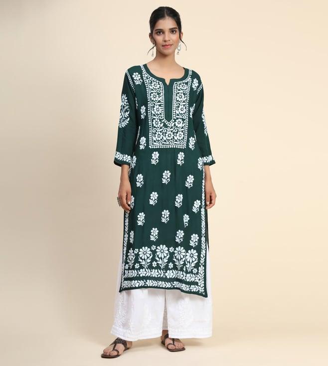 house of kari hok hand embroidery chikankari long kurti for women -green