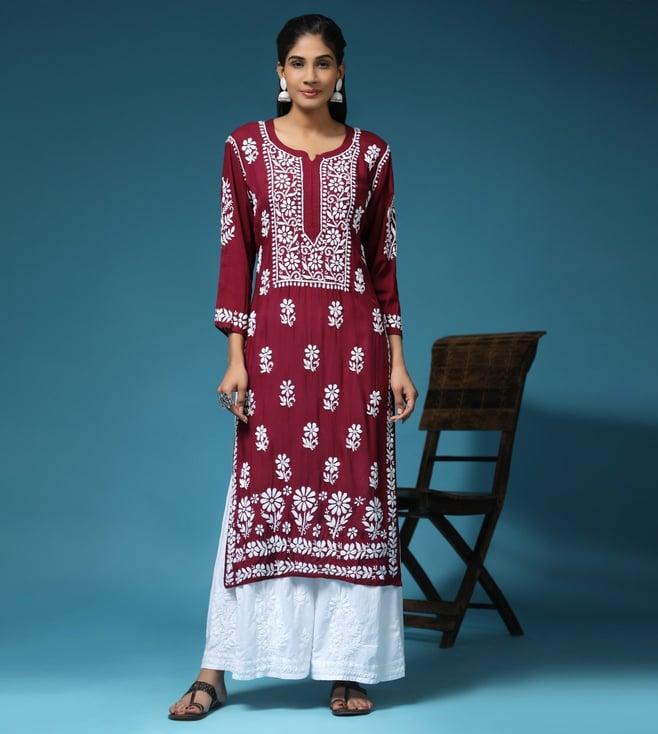 house of kari hok hand embroidery chikankari long kurti for women -maroon