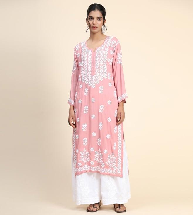 house of kari hok hand embroidery chikankari long kurti for women -pink