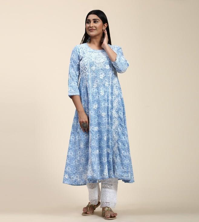 house of kari hok hand embroidery chikankari long kurti for women -printed blue