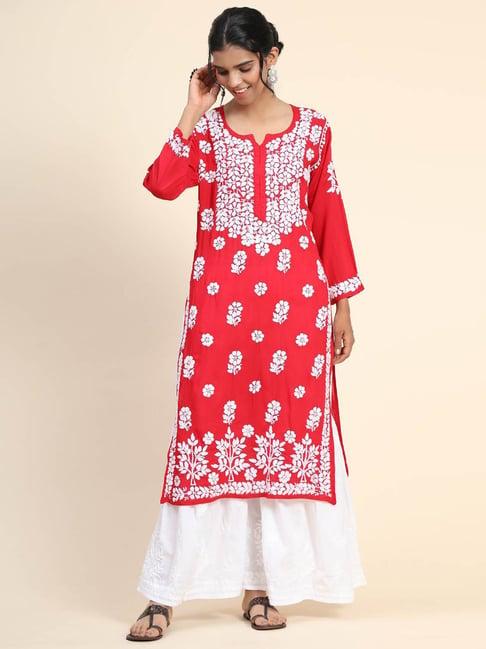 house of kari hok hand embroidery chikankari long kurti for women -red