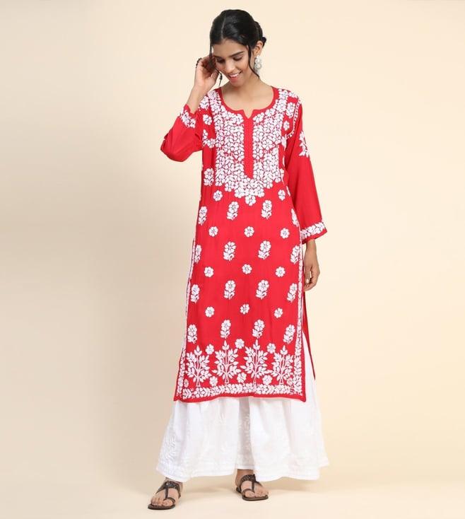 house of kari hok hand embroidery chikankari long kurti for women -red