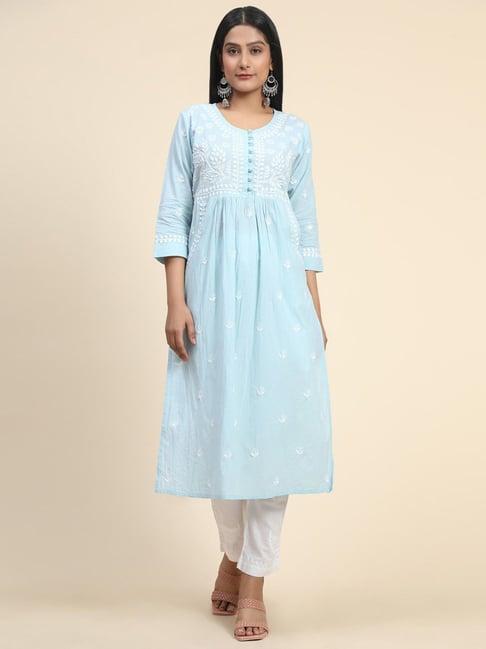 house of kari hok noor hand emb pocket kurta sky blue