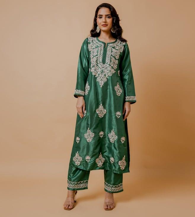 house of kari mehndi green fizaa's silk chikankari kurta