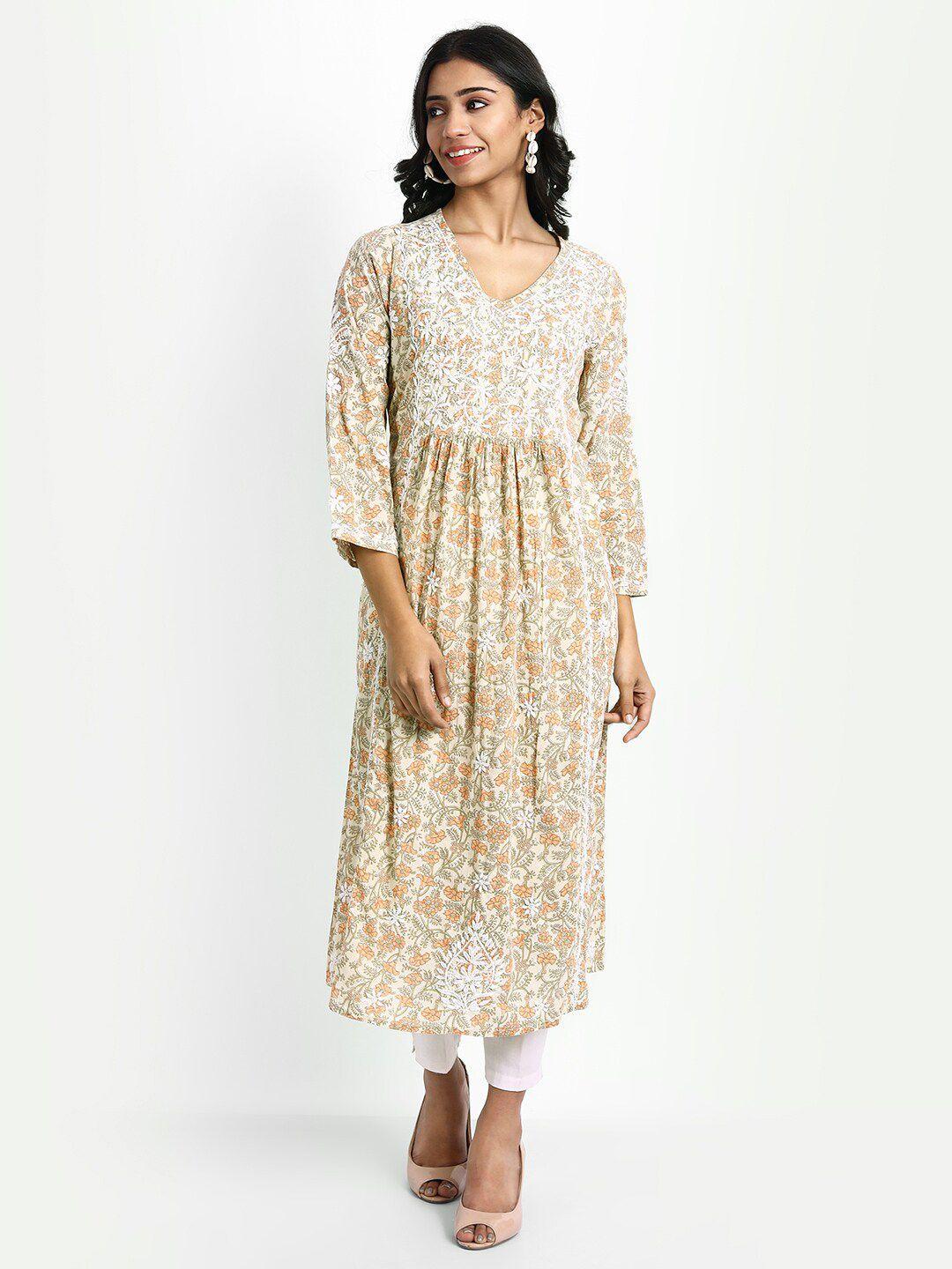 house of kari multicoloured hand embroidery chickenkari cotton midi a-line dress