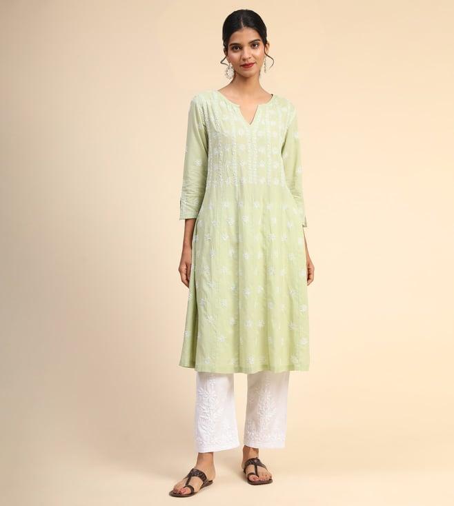 house of kari noor chikankari hand embroidery anarkali dress in cotton green