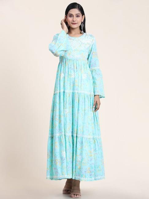 house of kari noor hand embroidered chikankari mul gown for women- light blue