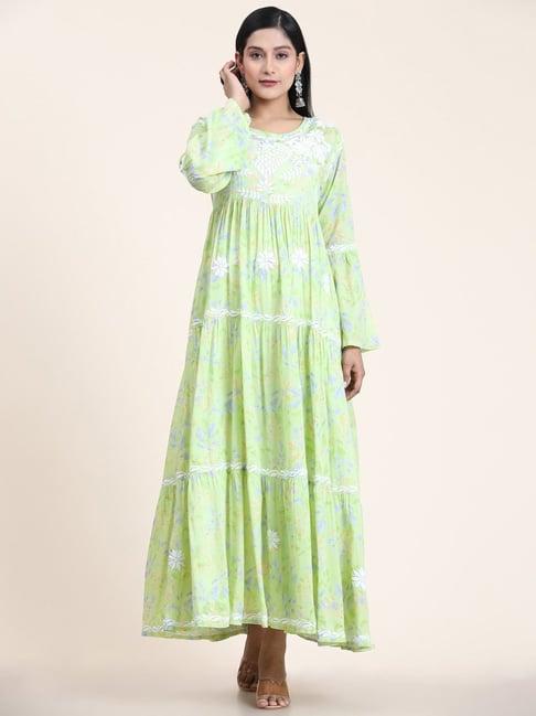 house of kari noor hand embroidered chikankari mul gown for women- light green