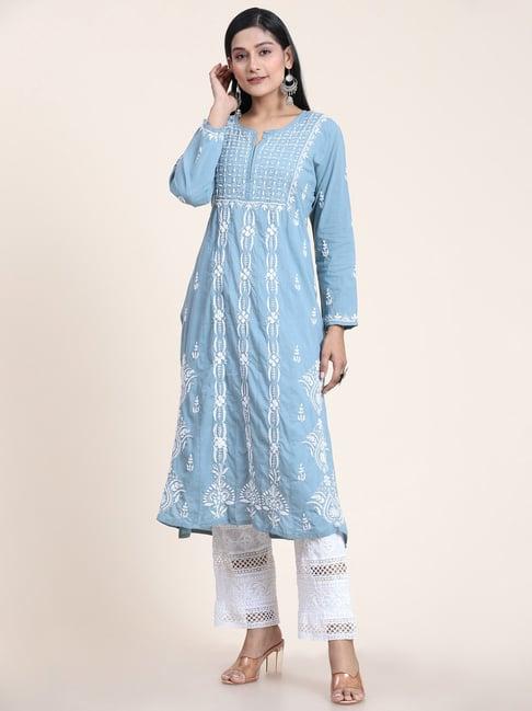 house of kari noor hand embroidery chikankari long kurti for women -blue