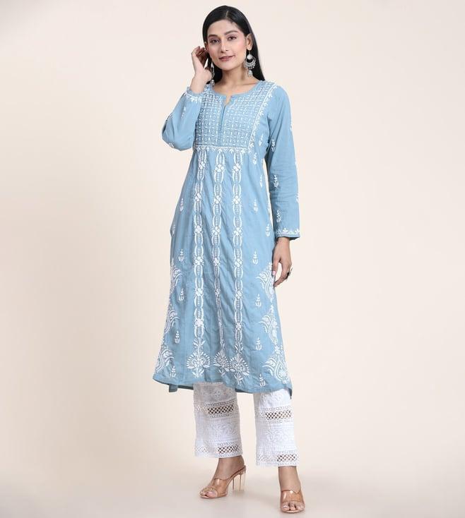 house of kari noor hand embroidery chikankari long kurti for women -blue