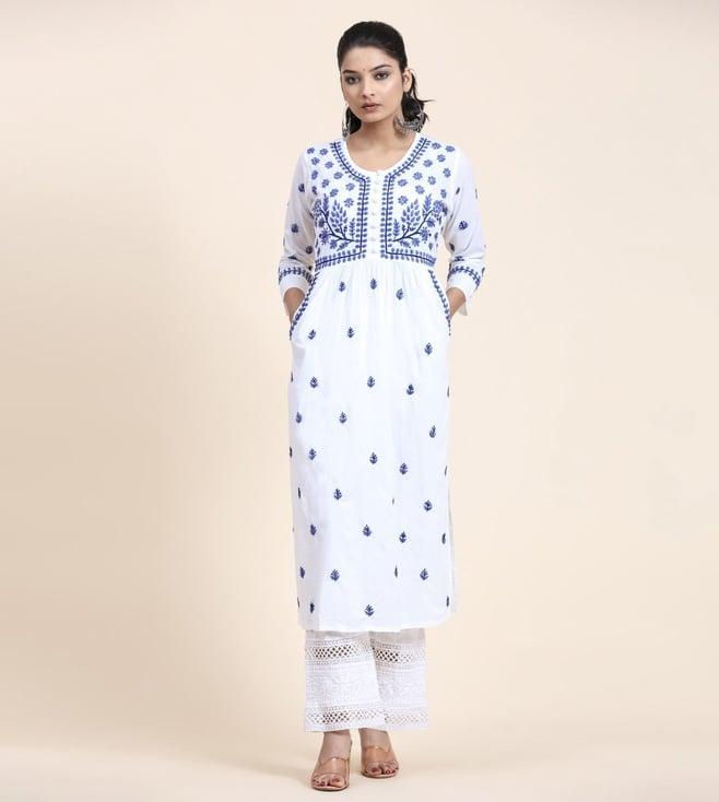 house of kari noor hok chikankari kurti for women- white with blue