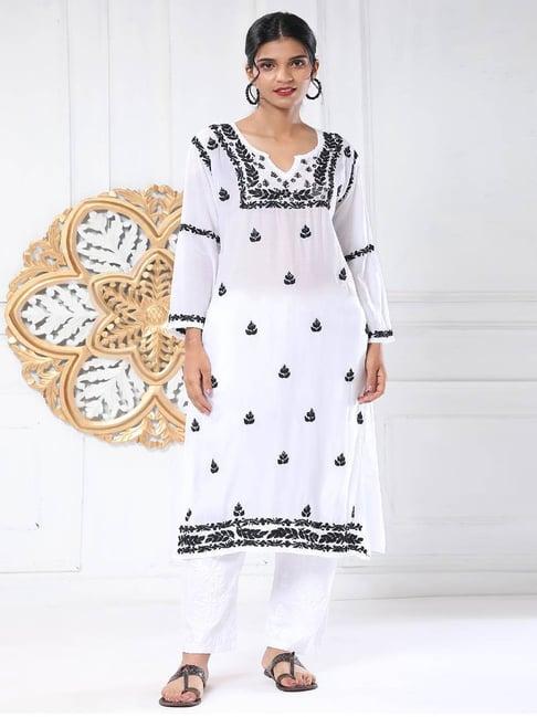 house of kari noor hok muslin chikankari kurti for women- white with black