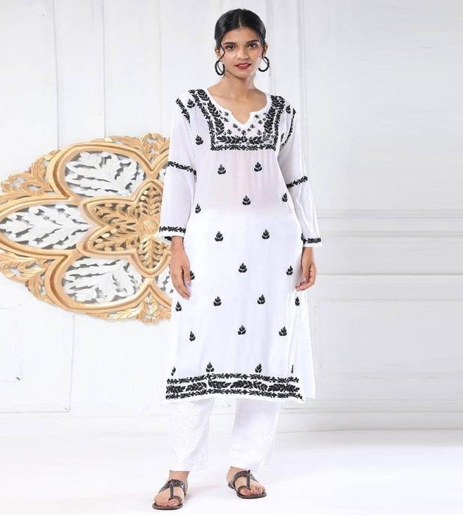 house of kari noor hok muslin chikankari kurti for women- white with black