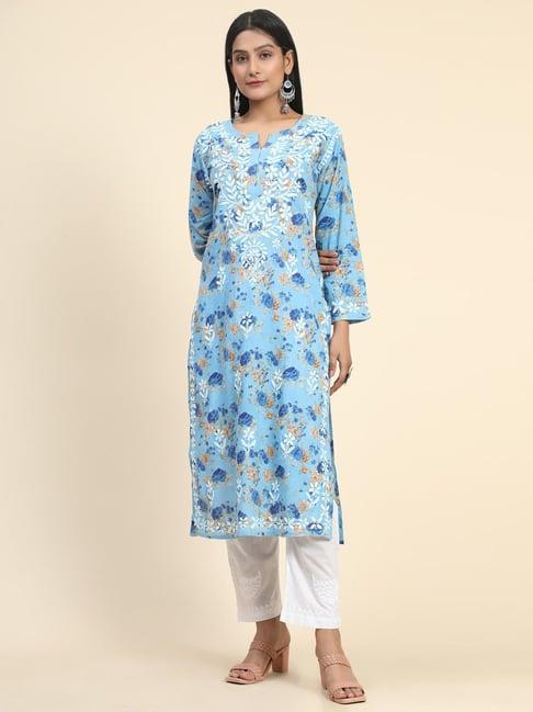 house of kari noor mul printed embroidered kurta blue