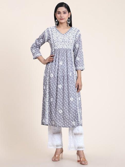 house of kari noor mul printed hand embroidery chikankari kurta- grey