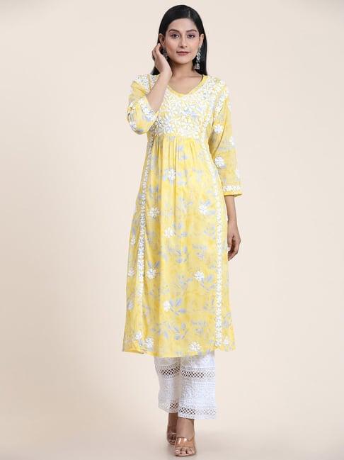 house of kari noor mul printed hand embroidery chikankari kurta- yellow