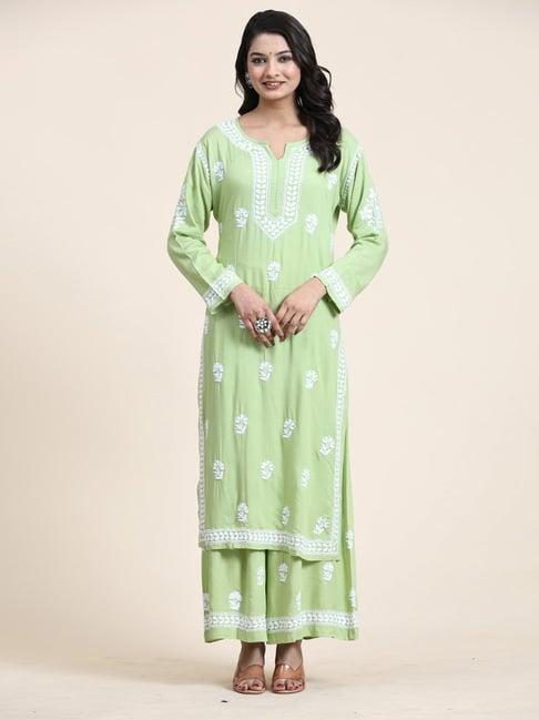 house of kari noor premium hand embroidery chikankari rayon co-ord set green