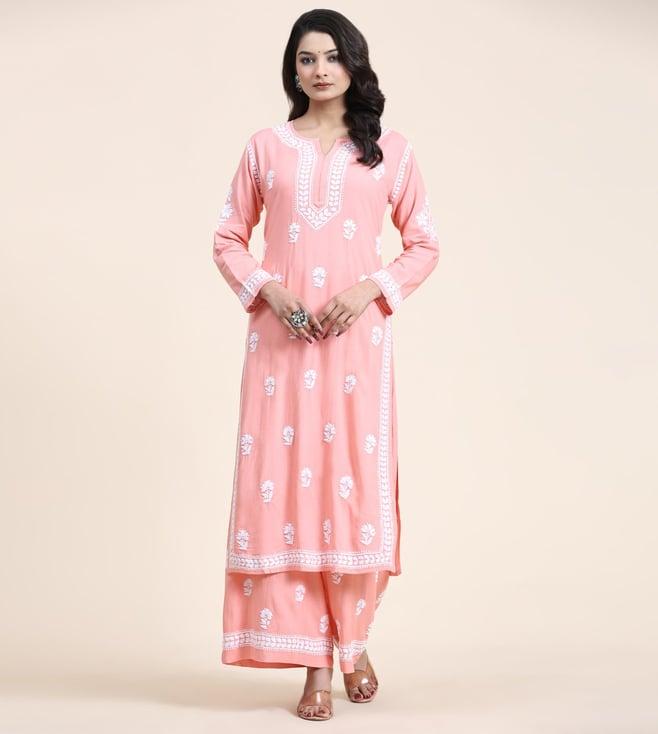 house of kari noor premium hand embroidery chikankari rayon co-ord set pink