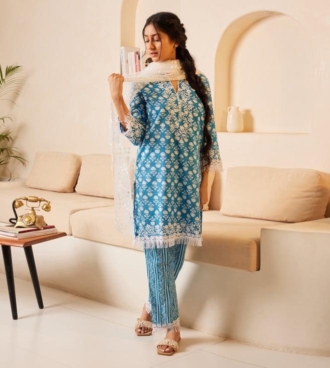 house of kari samma chikankari co-ord set in cotton for women- blue