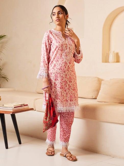 house of kari samma chikankari co-ord set in cotton for women- peach