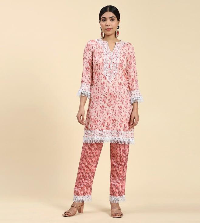 house of kari samma chikankari co-ord set in cotton for women- pink