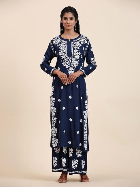 house of kari samma chikankari co-ord set in modal cotton for women in blue