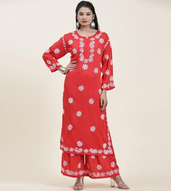 house of kari samma chikankari co-ord set in modal cotton for women in red