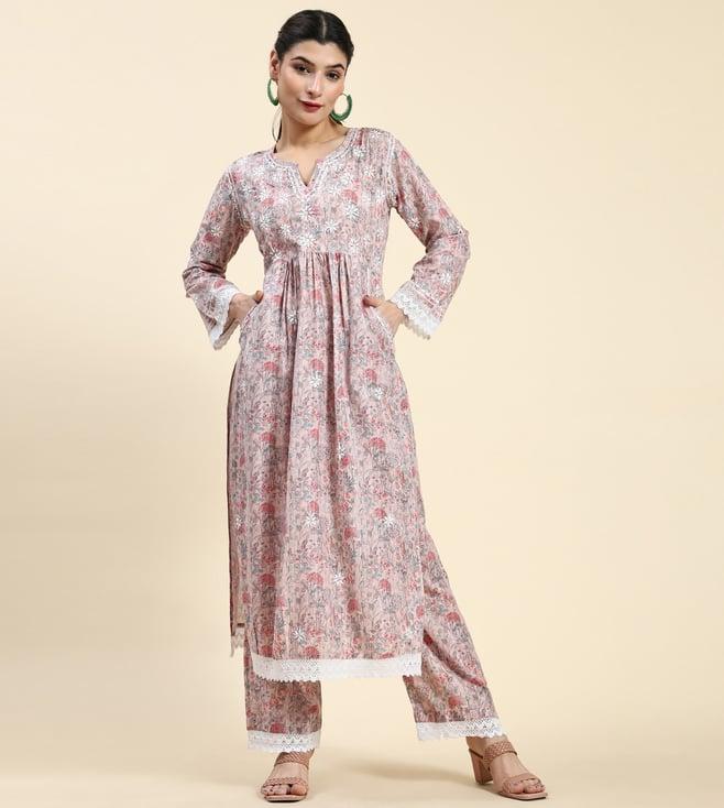 house of kari samma chikankari co-ord set in mul cotton for women in peach print