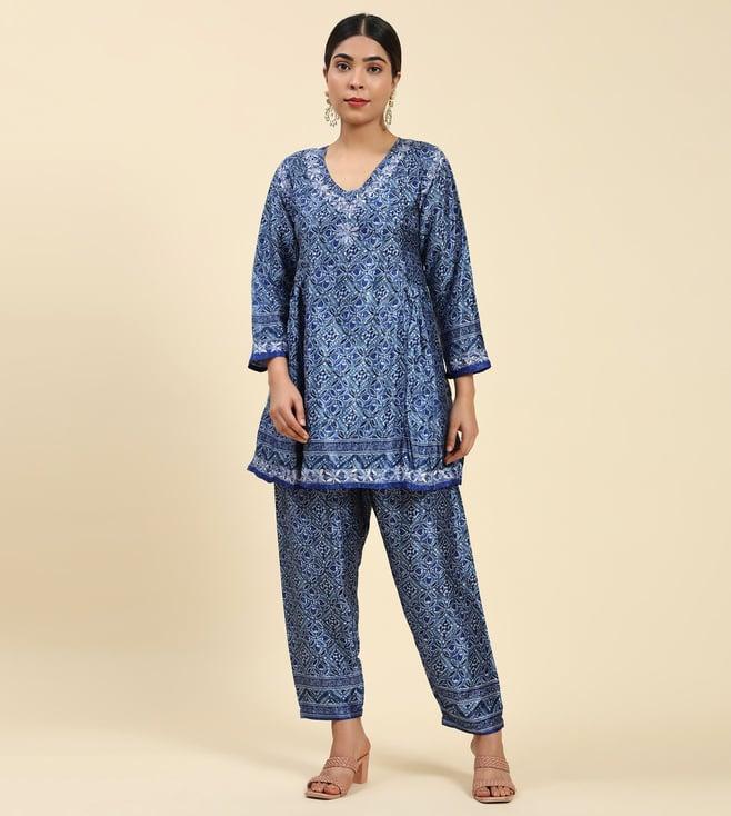 house of kari samma chikankari co-ord set in polysilk for women- blue