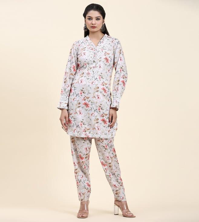 house of kari samma chikankari co-ord set in printed rayon cotton for women- white mulberry