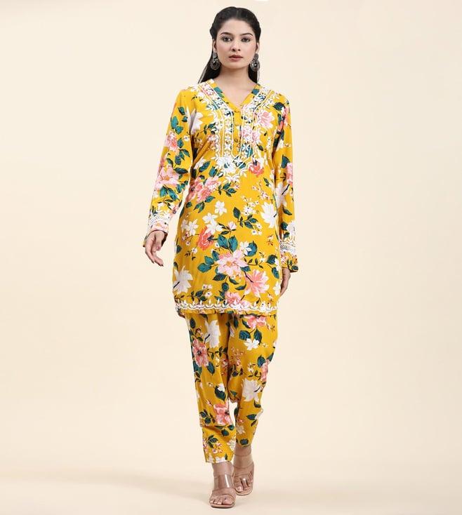 house of kari samma chikankari co-ord set in printed rayon cotton for women- yellow